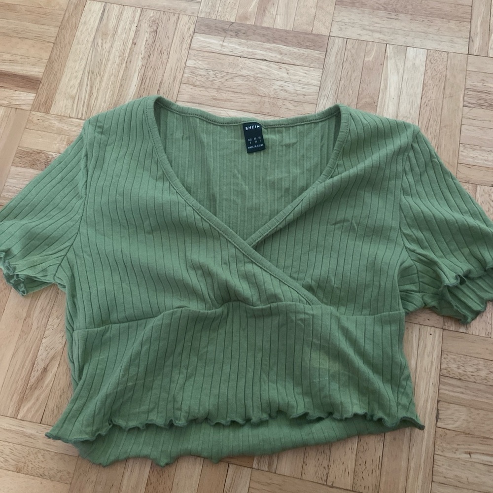 SHEIN Olive Ribbed Wrap Blouse